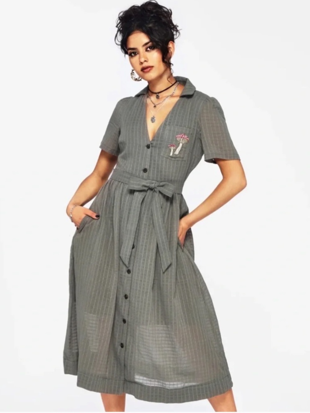 Disturbia Koax Cotton Check Embroidered Button Up Midi Shirt Dress